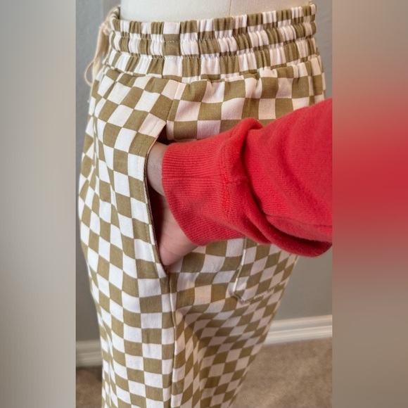 Solai The Label Cream & Tan Checkered Cotton Track Pants w/ Pockets & Drawstring - Picture 4 of 9